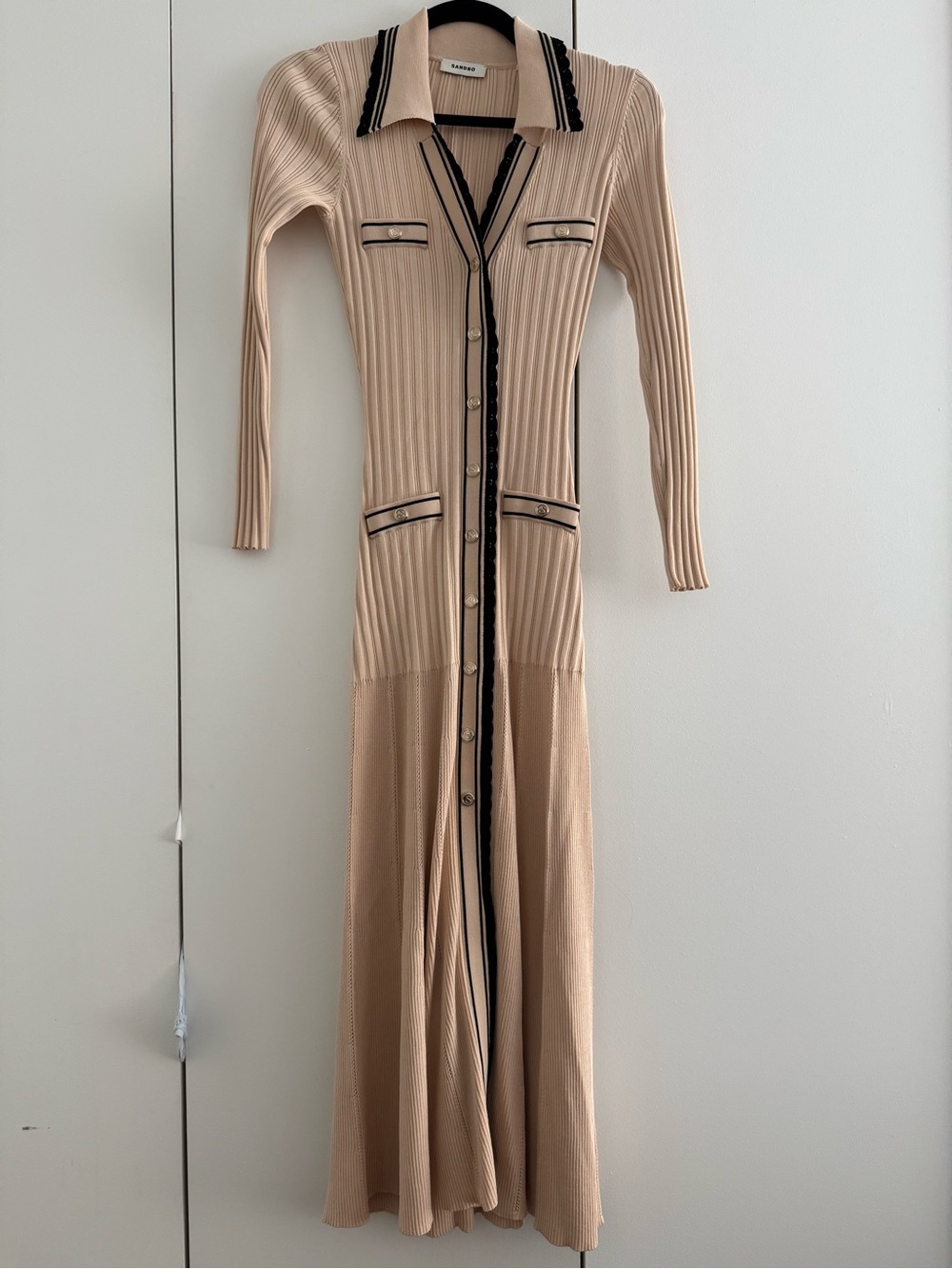 Sandro Beige Long Ribbed Button-Front Dress with Black Trim